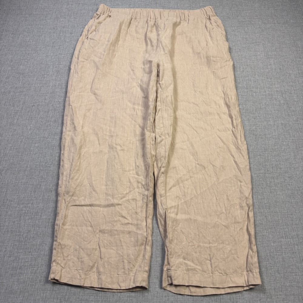 Quince Pants Womens L Beige Cropped Wide-Leg Linen Pull On Elastic Waist Pockets